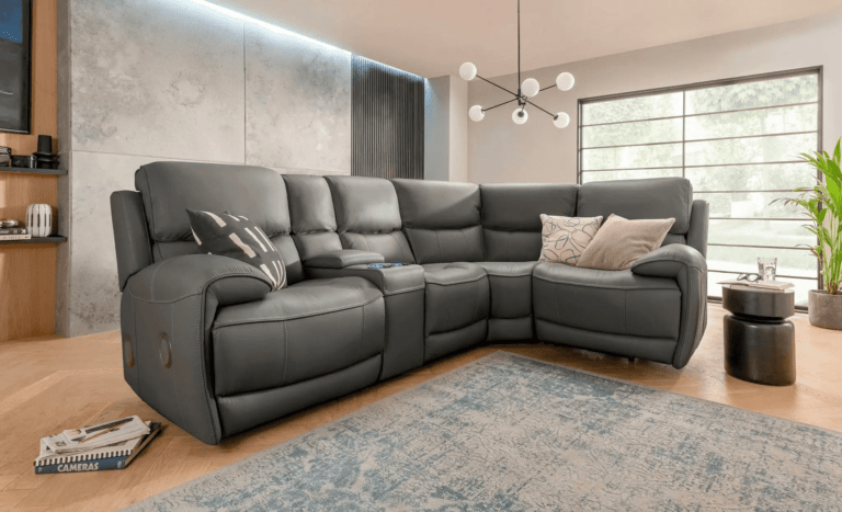4 Seater Corner Electric Recliner Sofa​ Leather in Forest Grey with USB Port, Cupholders and Other Features