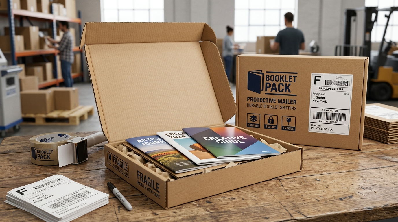Corrugated booklet packaging box protecting printed booklets during shipping