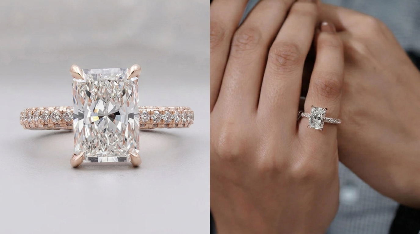 Radiant cut lab diamond engagement ring featuring a pavé band, shown in rose gold close-up and worn on a hand in a white gold setting.